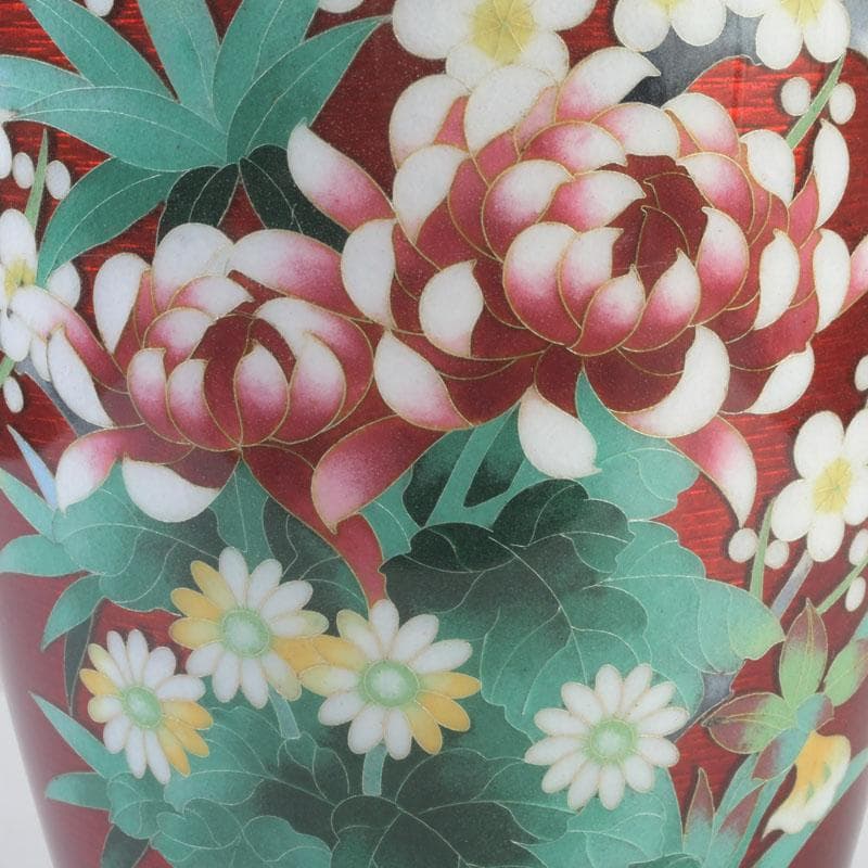 七宝焼　赤透釉　四君子文　花瓶　V　9699A