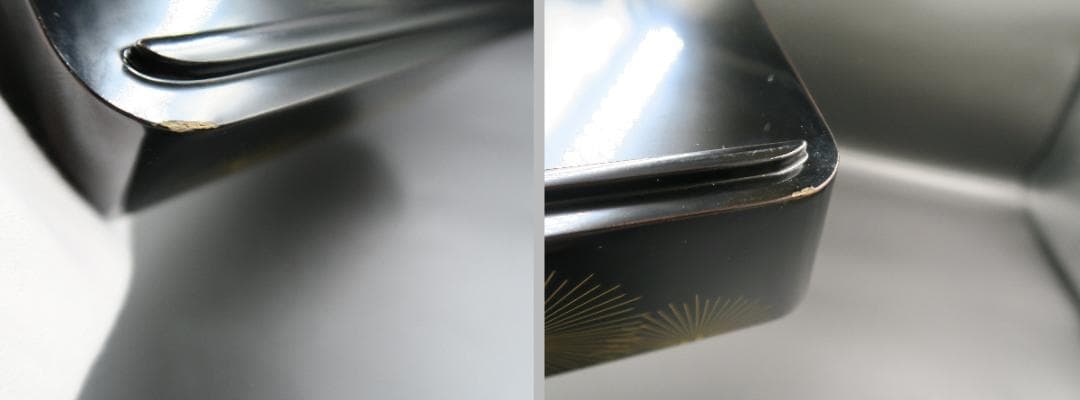 【輪島塗】亀甲松沈金 三段重 重台 天然木 共箱 亀甲松沈金 吸物椀 六客 箱無