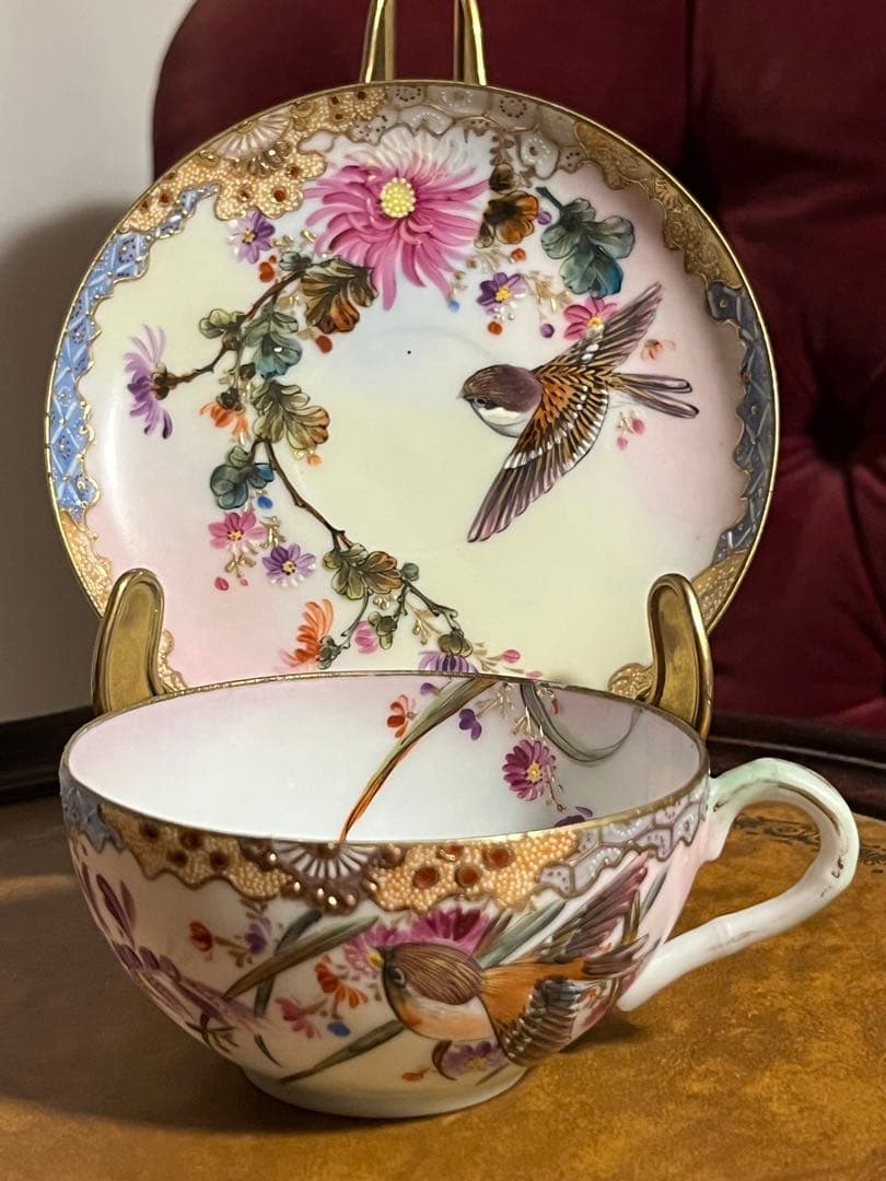 島村製　ジャポニズム　金彩　花と雀　カップとソーサー セット