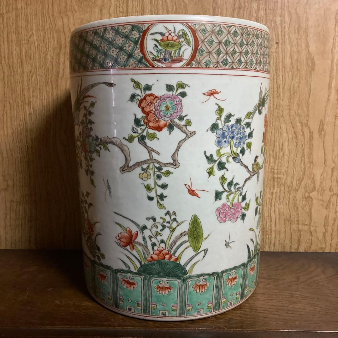 中国　色絵　粉彩　筒瓶　花鳥図　大明嘉靖年製