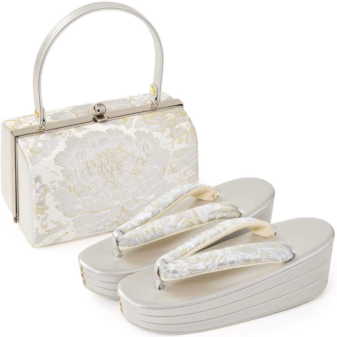 銀白洋菊 花柄和装用バッグと草履セット