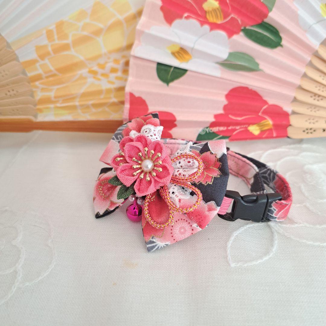 お正月、つまみ細工リボン(黒③)わんちゃん猫ちゃん用首輪