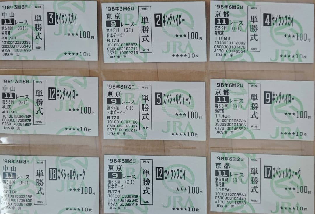 98年牡馬三冠　単勝馬券　セイウンスカイ　スペシャルウィーク　キングヘイロー