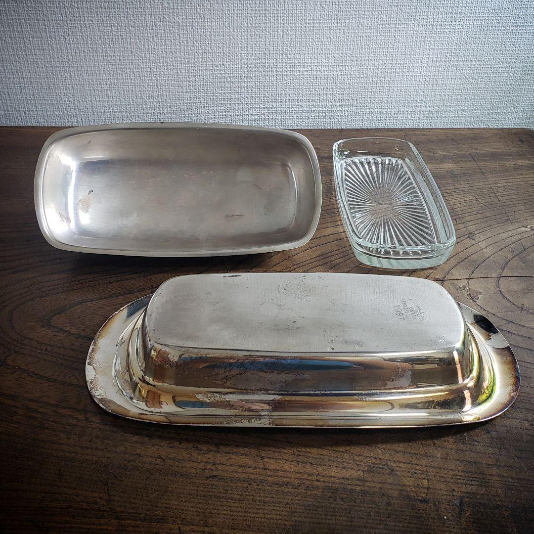 バターケース シルバープレート ビンテージ アンティーク ガラス受け