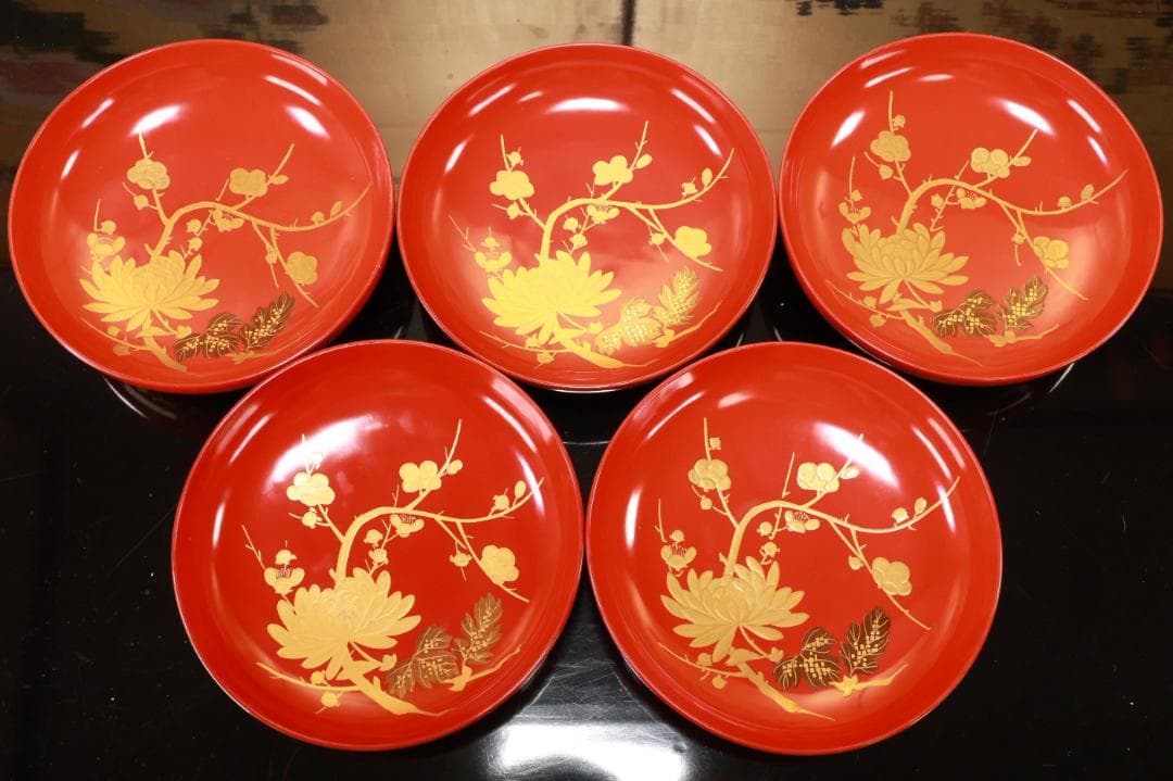 BJ120　時代輪島塗　四君子図蒔絵　吸物椀　五客　木製　茶道具 懐石 会席