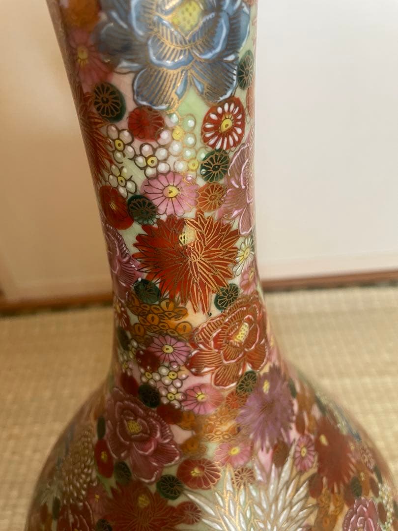 薩摩焼　飾り壺　花瓶　島津家紋入 丸十字　色絵　金彩　高さ46.5㎝ 大型　大壺