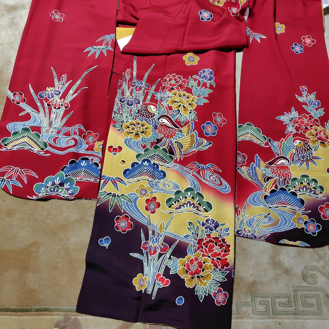 正絹 紅型調赤振袖＆長襦袢＆帯揚げ帯締めセット