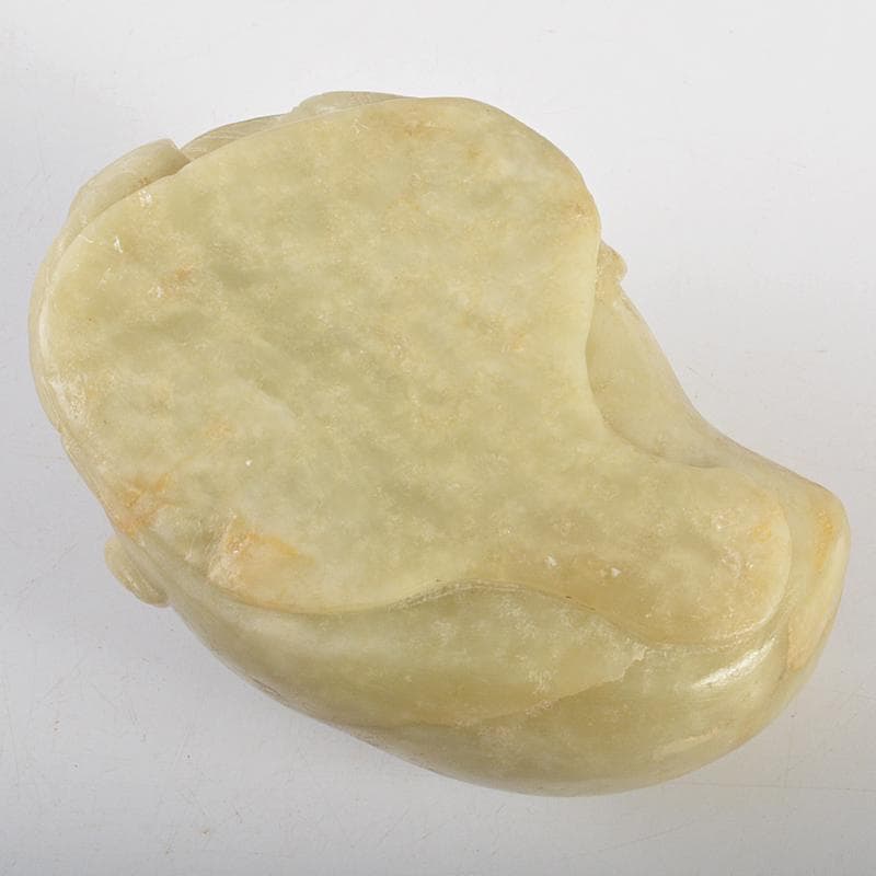 中国　玉石白玉彫刻　桃形　水孟　筆洗　唐木台・時代箱付　V　R7093