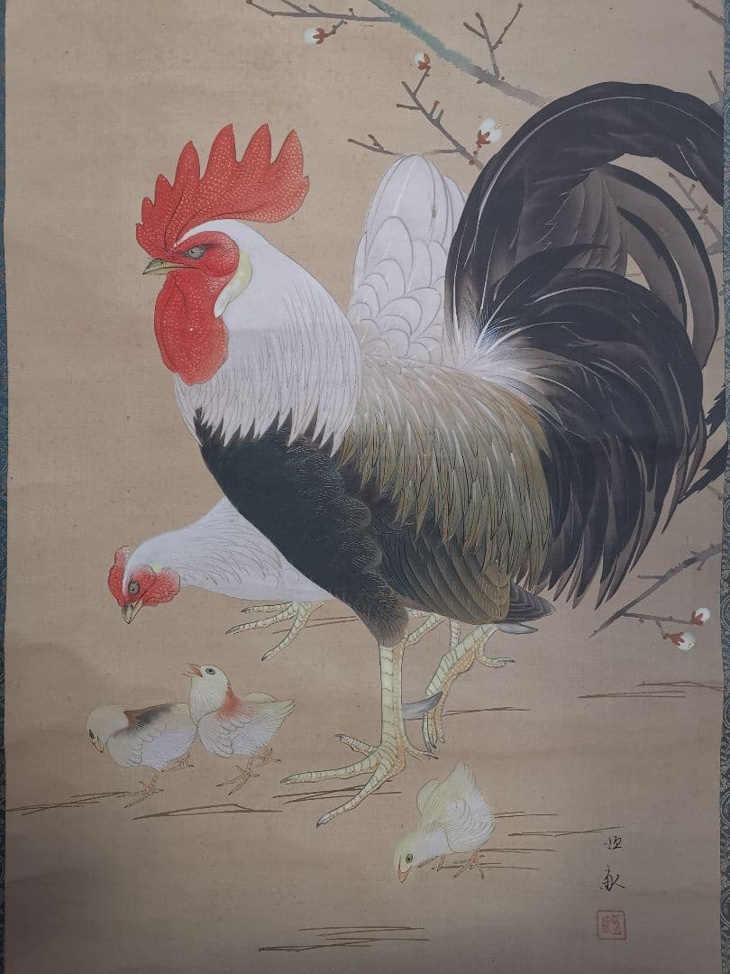 掛軸 弓家恒畝（ゆやこうほ）肉筆 群鶏図 自筆共箱 軸先は鹿角