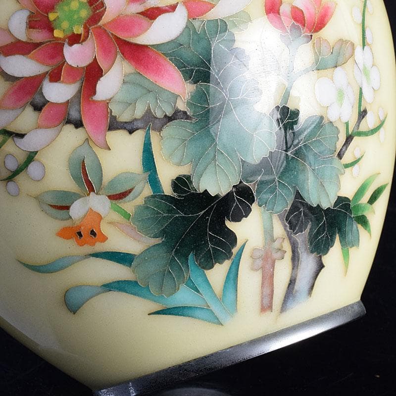 七宝焼　林武生作　黄地　四君子文　花瓶　共箱　M　R9341H