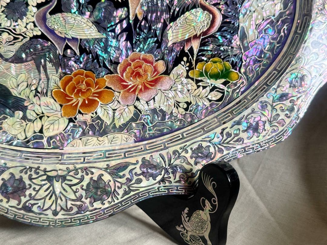 韓国製 螺鈿細工 飾り皿 桹材 金榮萬作 置物 シェル 工芸品 貝細工 トレー