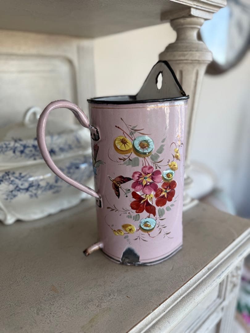 フランスアンティーク激レアピンクの小鳥とお花のハンドペイントホーローイリゲーター