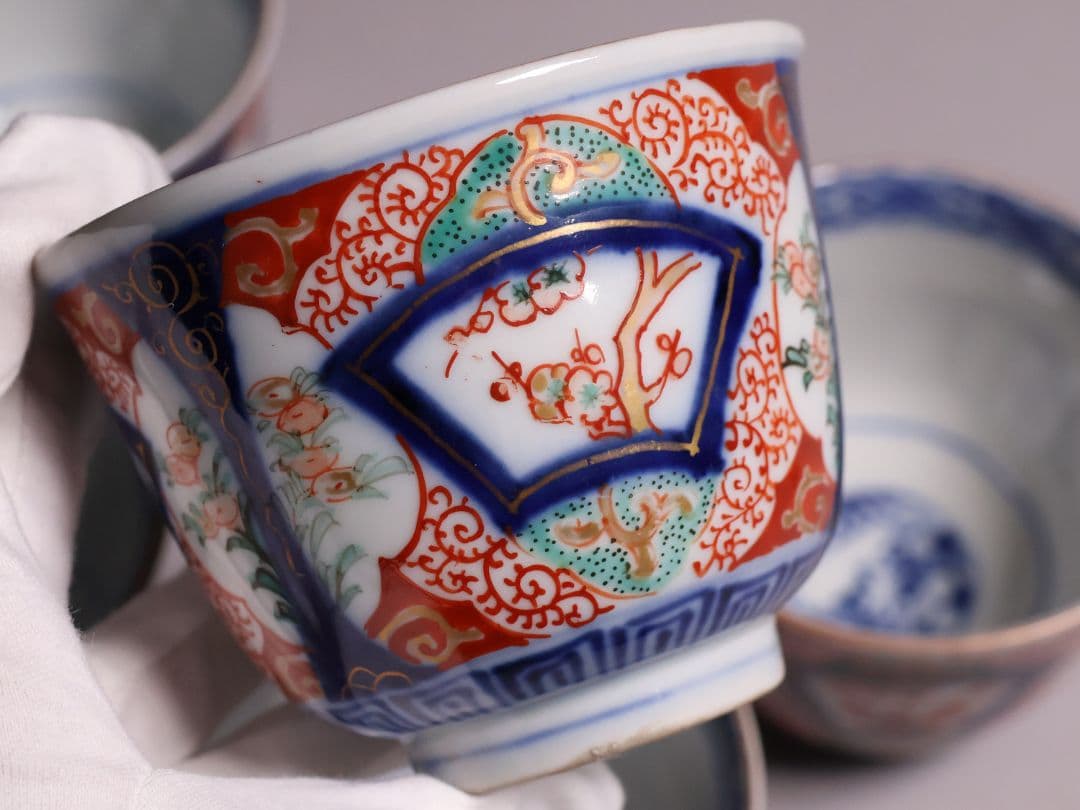【CM125】古伊万里 扇面 色絵向付 五客 猪口 小鉢 扇面 草花 唐草 錦
