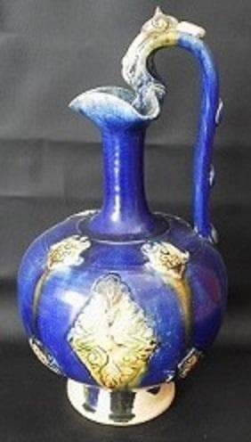 ＊中国古美術/藍釉三彩連弁紋龍耳瓶【保存箱付】