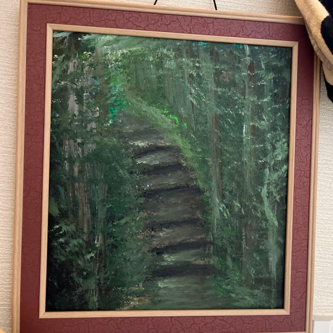 油彩画 階段と緑の風景色紙サイズ　フレームなし