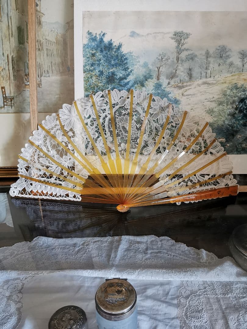 アンティークヴィクトリアンレースファン 琥珀/鼈甲飴色扇 ポワンドローズ ガーズ