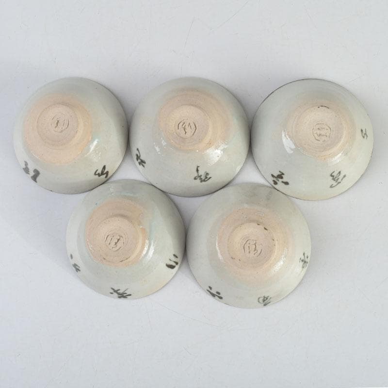 京焼　平安陶工　清水七兵衛造　染付　草鳥文　ぐい呑　盃　五客　共箱　V　9234