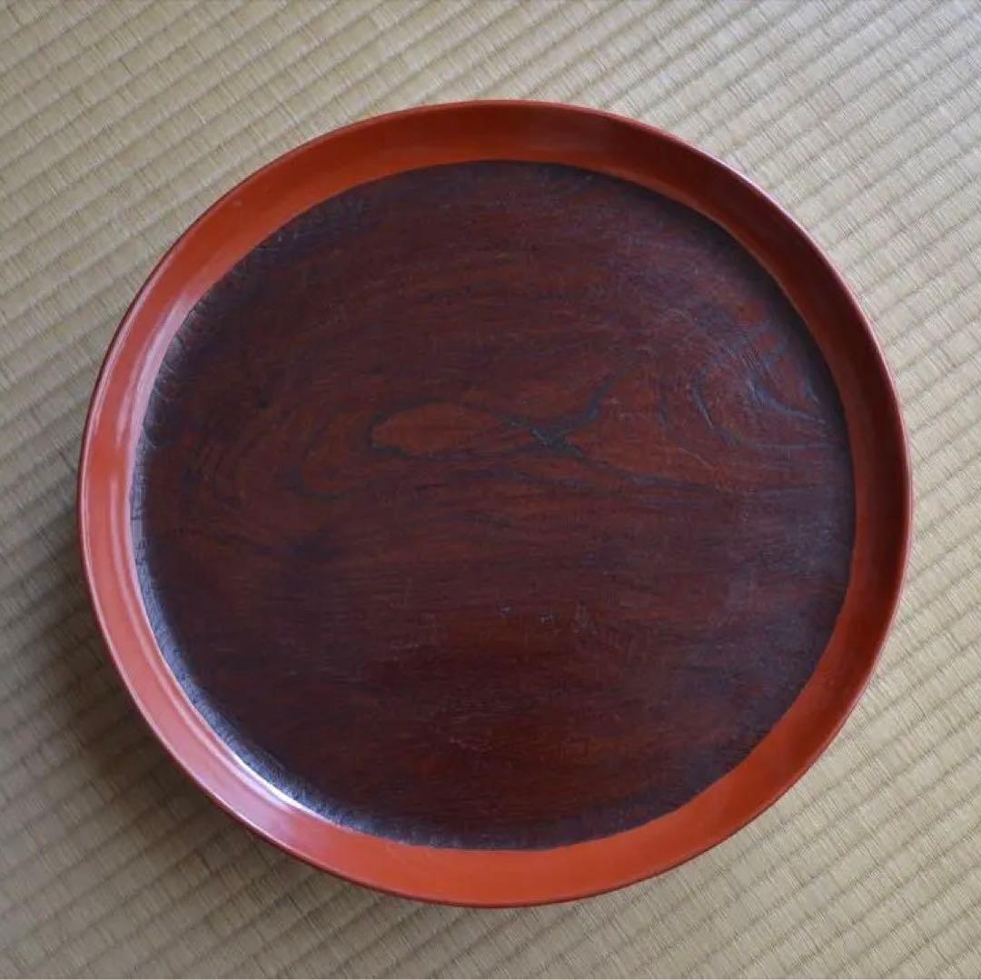 江戸末期　朱塗　拭漆　脚付　盆　骨董品　アンティーク