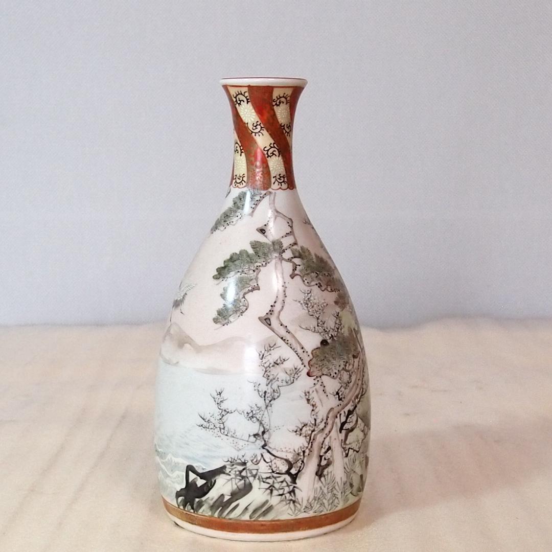 【骨董・良品】明治期 九谷焼 於九谷/久香堂 大徳利 10客 山水鶴松図 酒器