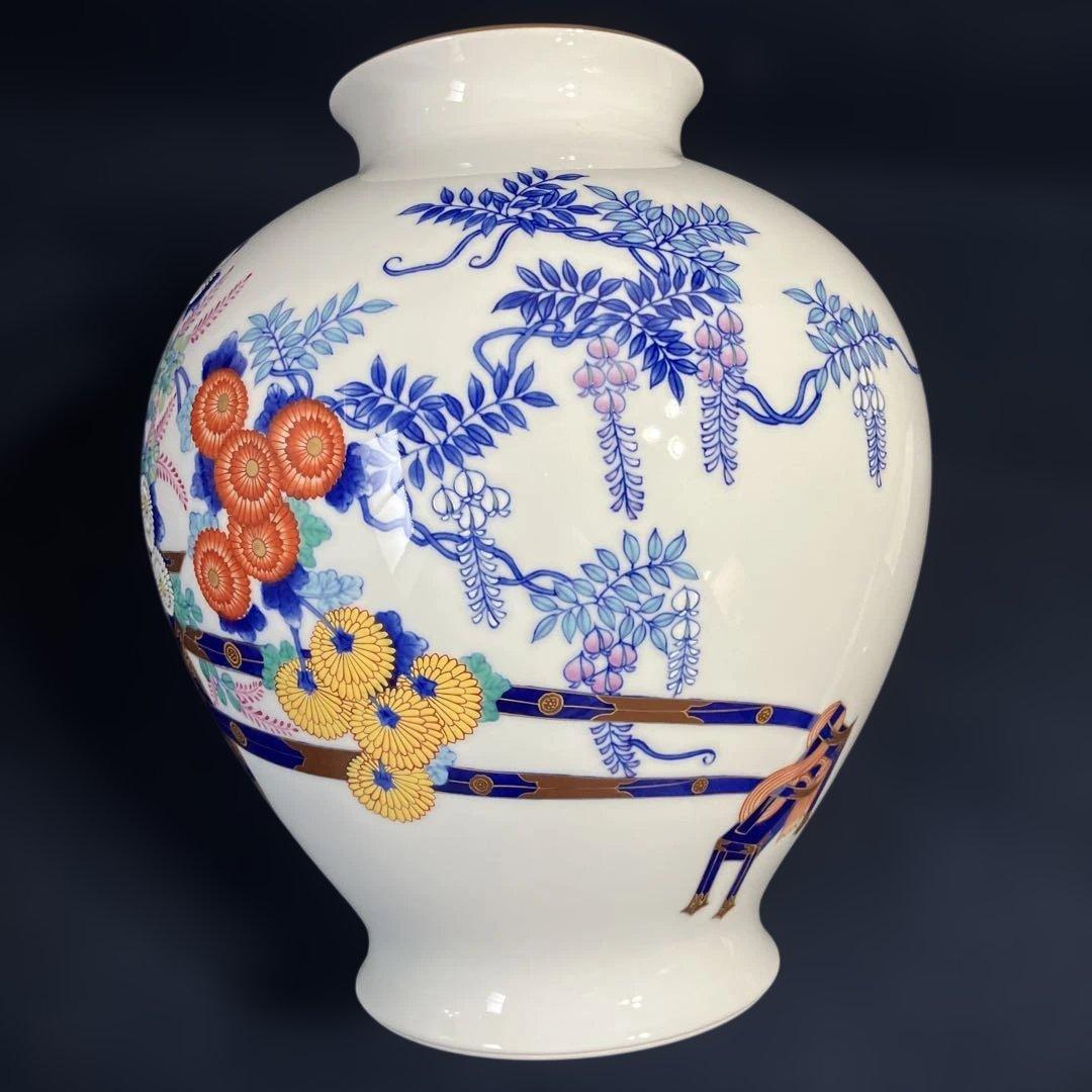 宮内庁御用達香蘭社花瓶「染錦花車」　高級花瓶