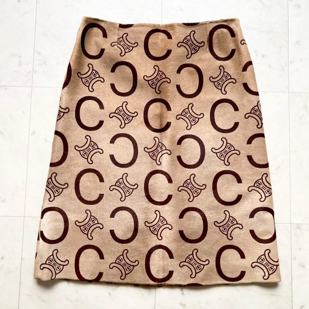 極美品 CELINE Cマカダム トリオンフ ハラコ スカート キャメル 42