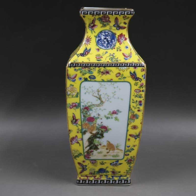清乾隆琺瑯彩飄花黄地花鳥四方瓶 景徳鎮 陶磁器 装飾品 現代工芸品 美術品 置物