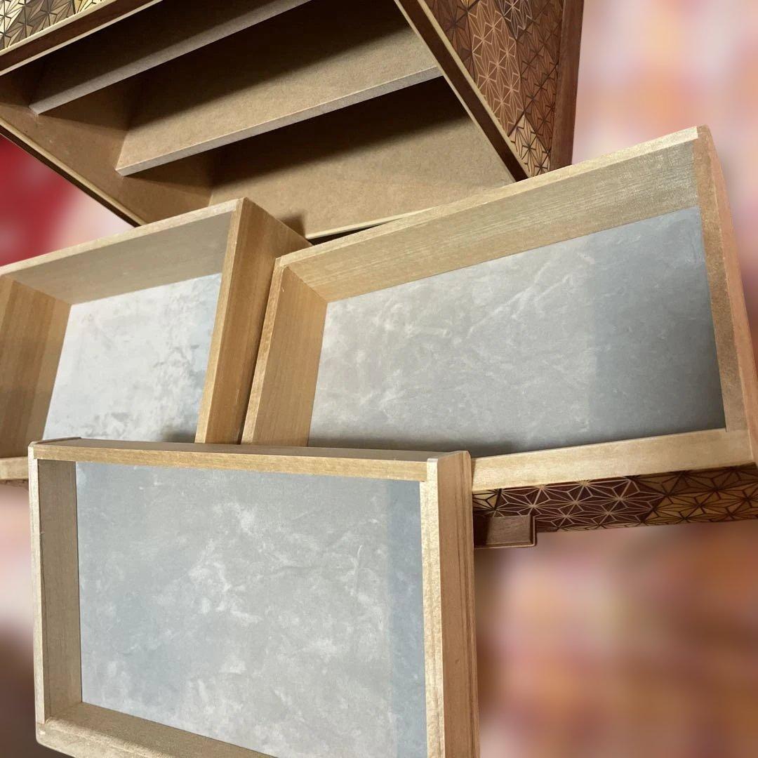 三ッ引き出し　亀甲　箱根寄木細工　木製　工芸　引き出し　三段