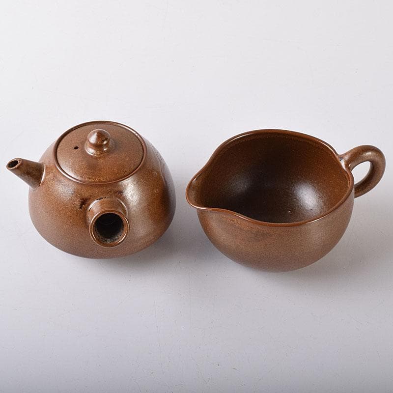 佐渡無名異焼　藤井波山造　朱泥　茶碗五客　急須　湯冷　茶器揃　共箱　VR8436