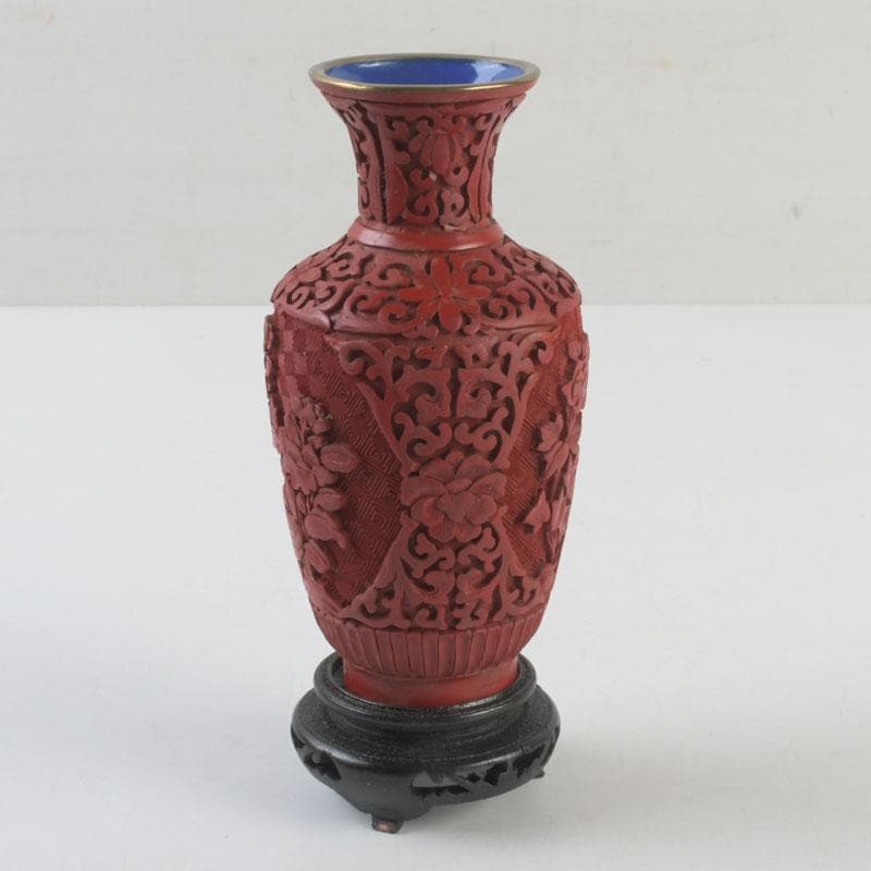 中国　剔紅　堆朱　内七宝　花文　花瓶　唐木台付　V　9255