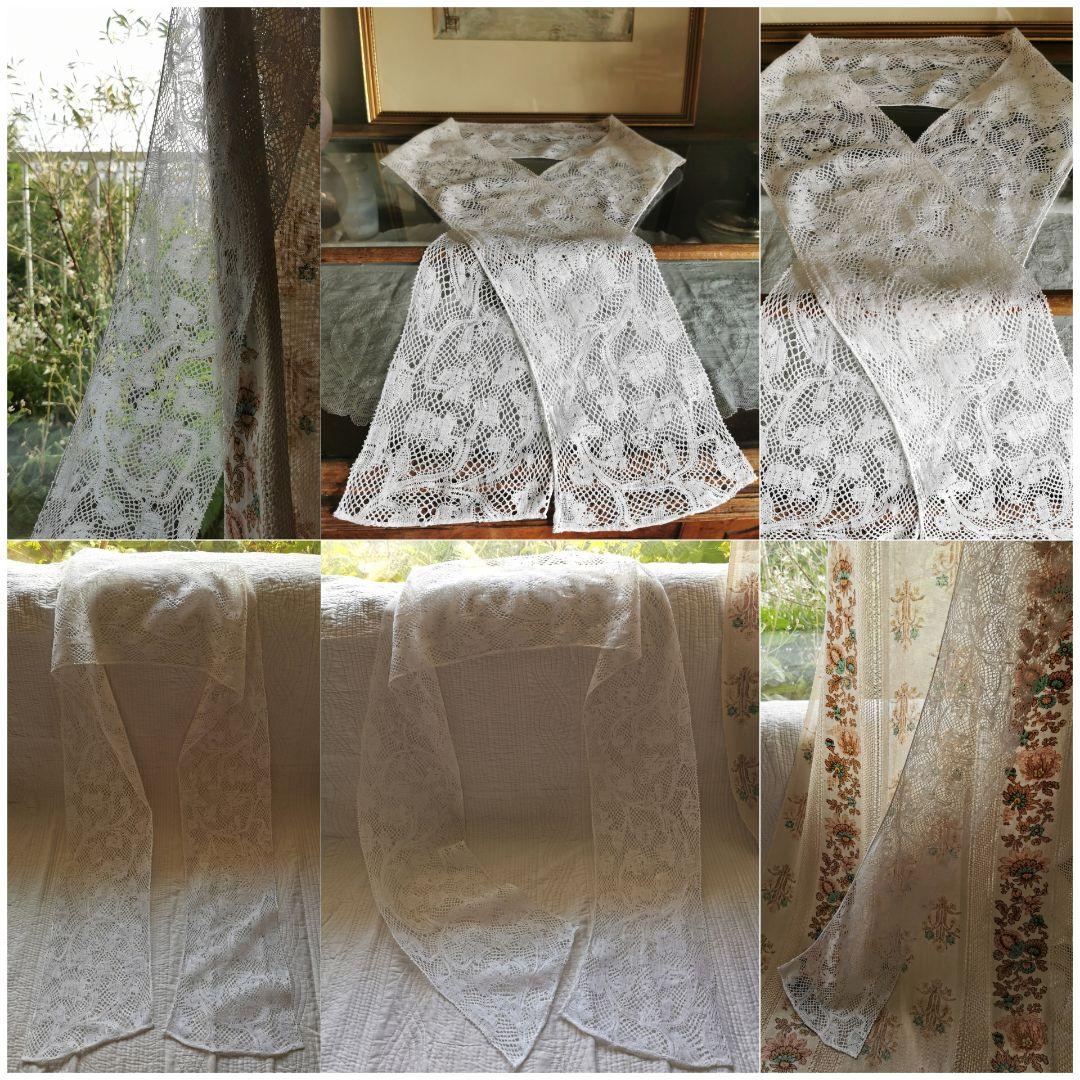 アンティークベルギー バンシュボビンレース ロングマフラー ハンドメイドショール