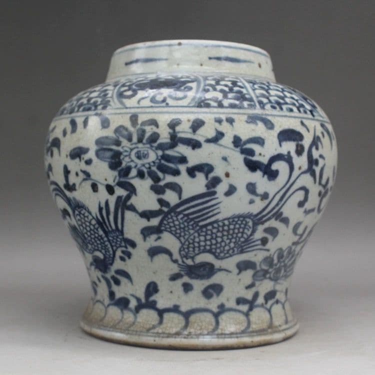 元 青花鳳紋缶 景徳鎮 陶磁器 装飾品 現代工芸品 美術品 置物