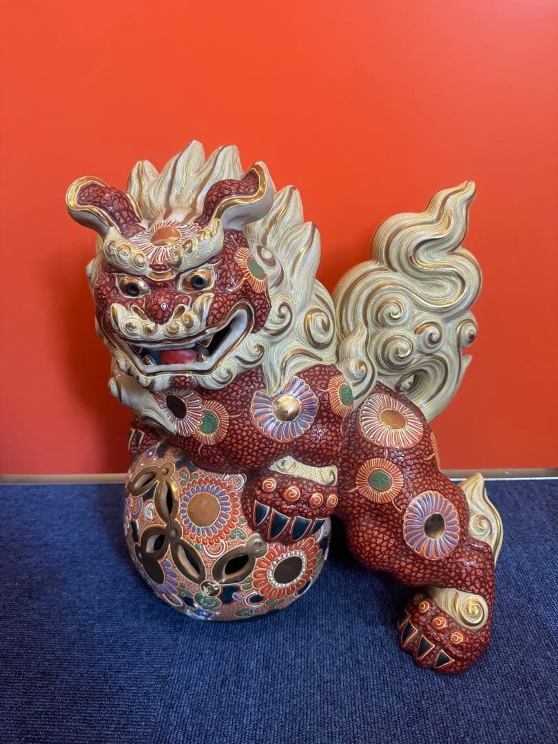 1903 九谷焼 太吉　特大　38cm  玉乗り獅子 狛犬 置物 縁起物