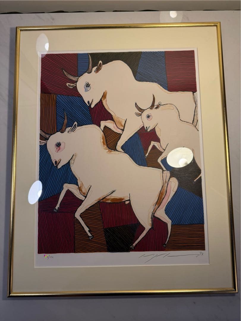池田満寿夫 リトグラフ「白い牛」1992年 限定150部 額装品サイン入り