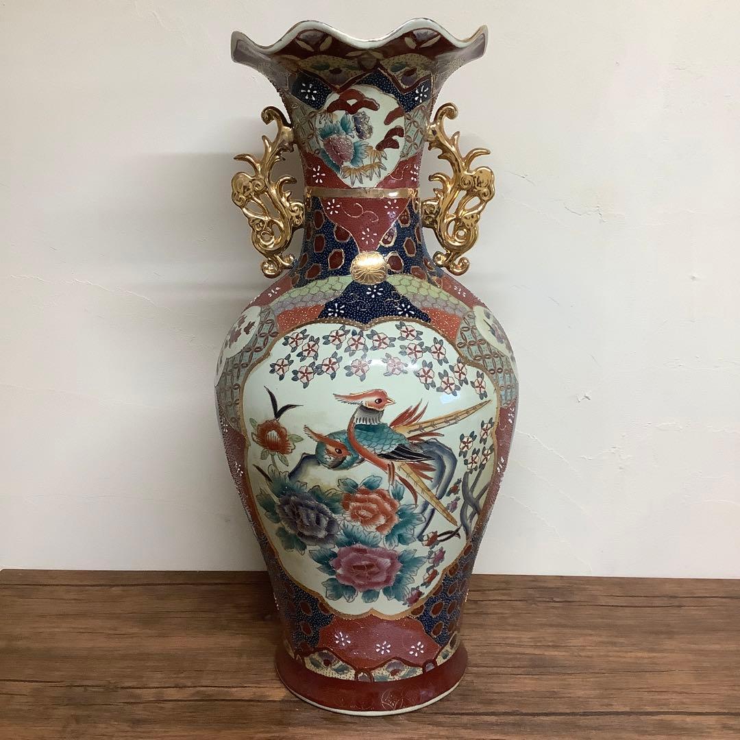 薩摩焼？　双耳壺　キジ　雉　花鳥図　瓶　壺
