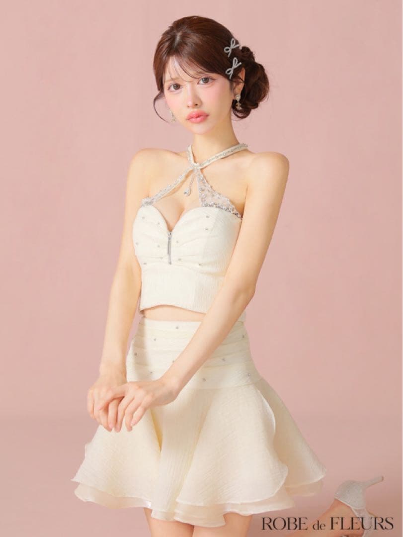 【完売品】ROBE de FLEURS ビジューホルターシフォンフレアミニ　S
