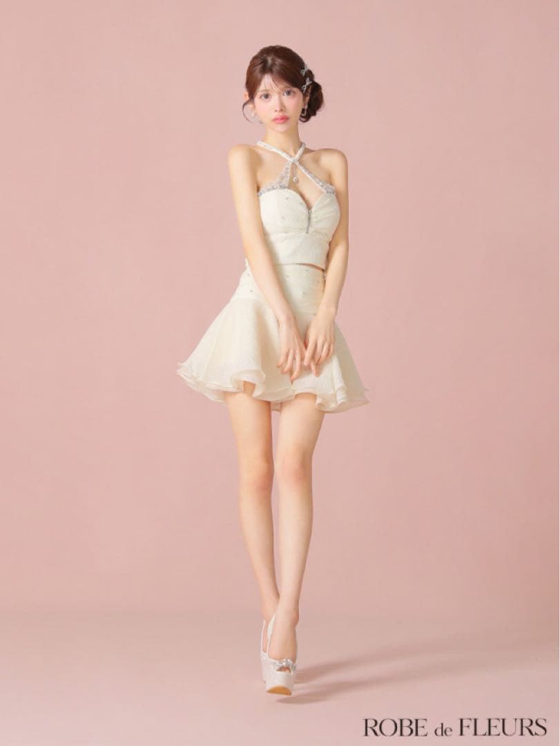 【完売品】ROBE de FLEURS ビジューホルターシフォンフレアミニ　S