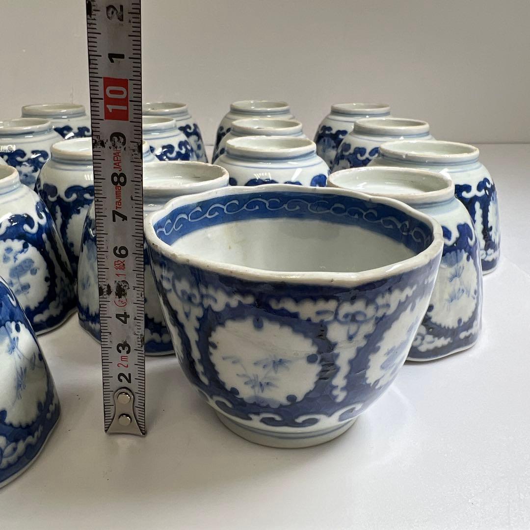 古伊万里　染付大猪口17客　木箱付　口径約8.5㎝　東Y7-0620⭐︎2Fトヒコ