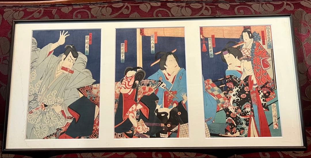 版画　歌川国虎　3枚綴　歌舞伎絵　市川團十郎 KABUKI 浮世絵　木版画　真作