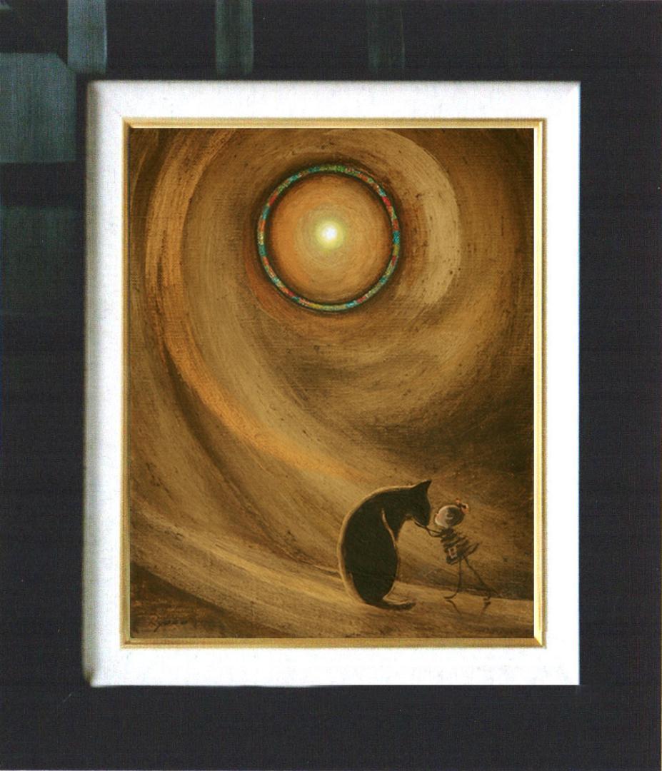 油絵 菅家令子絵 絵画インテリア額付(淡い銀青緑)F3-072819子猫犬女の子