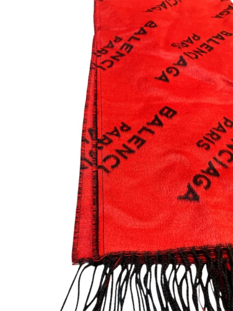 BALENCIAGA フリンジ マフラー 防寒具 レッド系×ブラック系