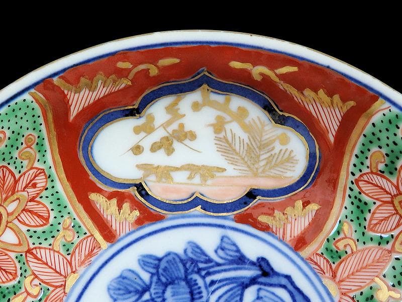 大聖寺伊万里　金襴手　窓絵　松竹梅に牡丹の図　４寸皿　３枚　D640AS-CEi