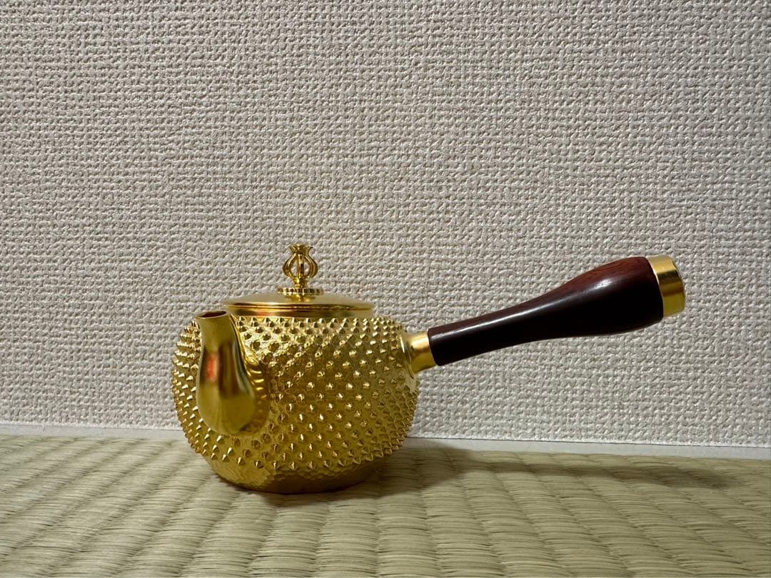 純銀製 玉霰打出 金メッキ 花蕾摘 横手急須 銀瓶 煎茶道具