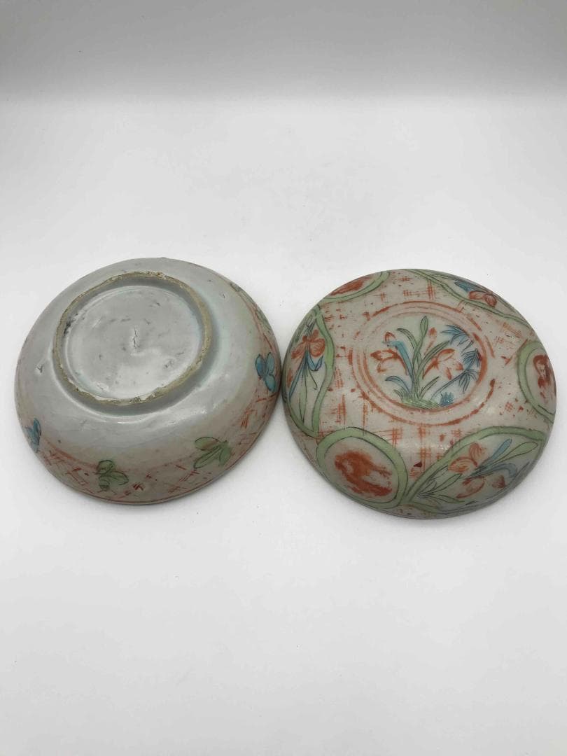 明時代　紅綠彩祥瑞蓮池花卉文　五彩印泥合子　香盒　香合　茶道具(C-37)