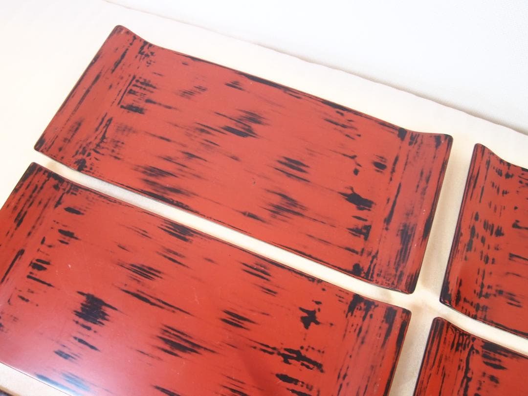 【良品】根来塗 金剛堅地請合 味のある角盆 6客 角皿/卓上膳/酒膳 漆器トレイ