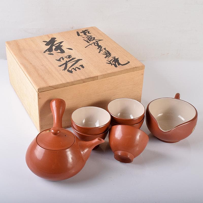 煎茶道具　佐渡無名異焼　丸山金水造　朱泥　茶器揃　共箱　M　R7931