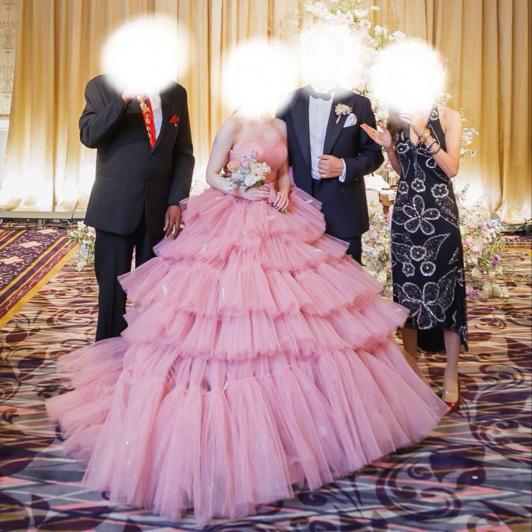 【送料込】ピンク グリッター カラードレス パニエ付 ボリュームチュールドレス