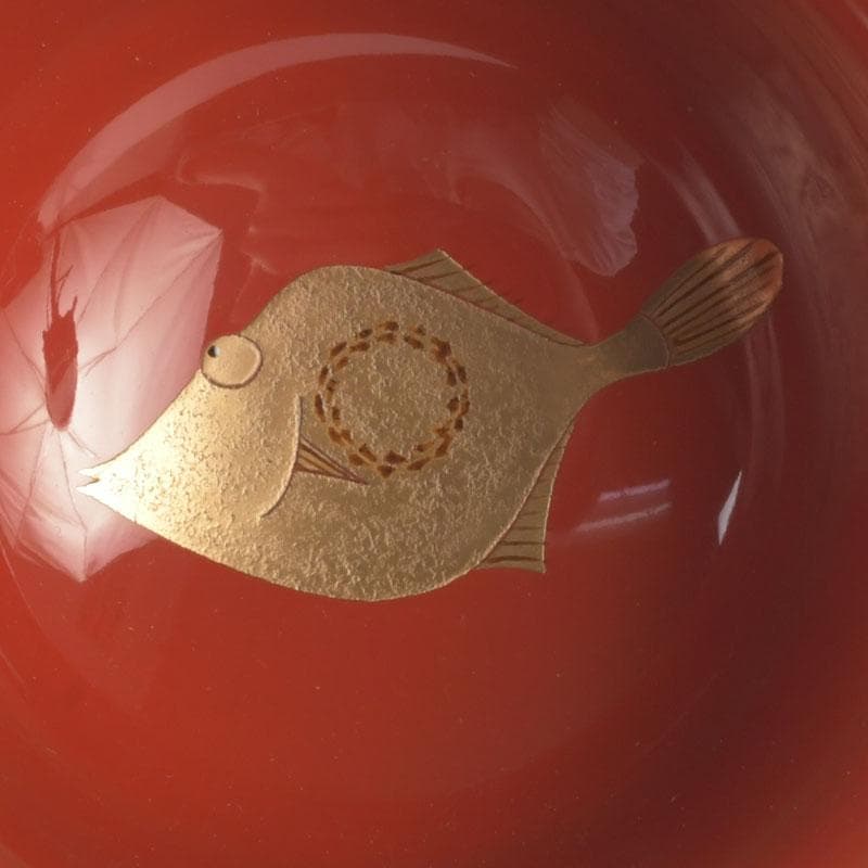 和食器　茶懐石　輪島塗　輪島屋本店謹製　朱塗魚蒔絵　盃　五客　共箱　V　9712