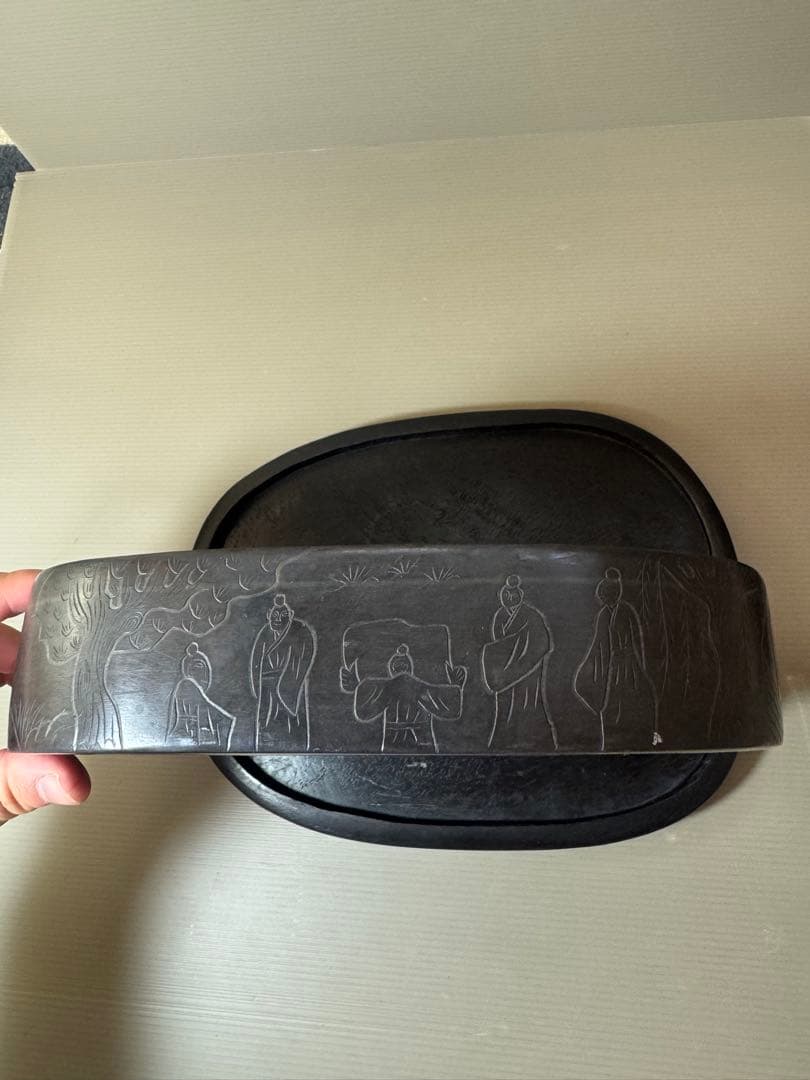 2911 中国古硯　人物文字彫刻　中国骨董　書道具