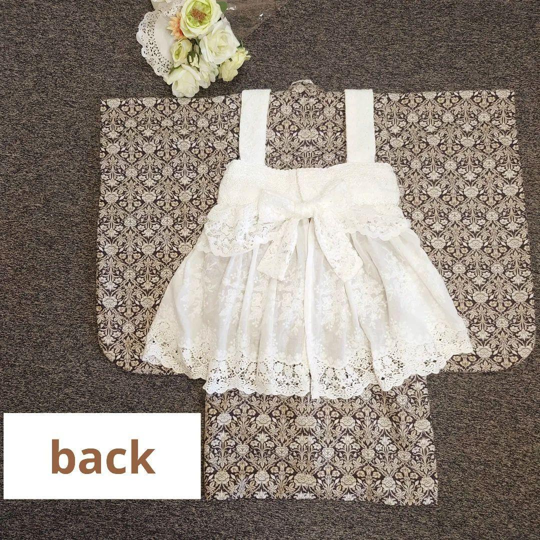 【お値下げ】３歳　フリルたっぷりレース被布エプロンとモリス調着物セット　七五三に