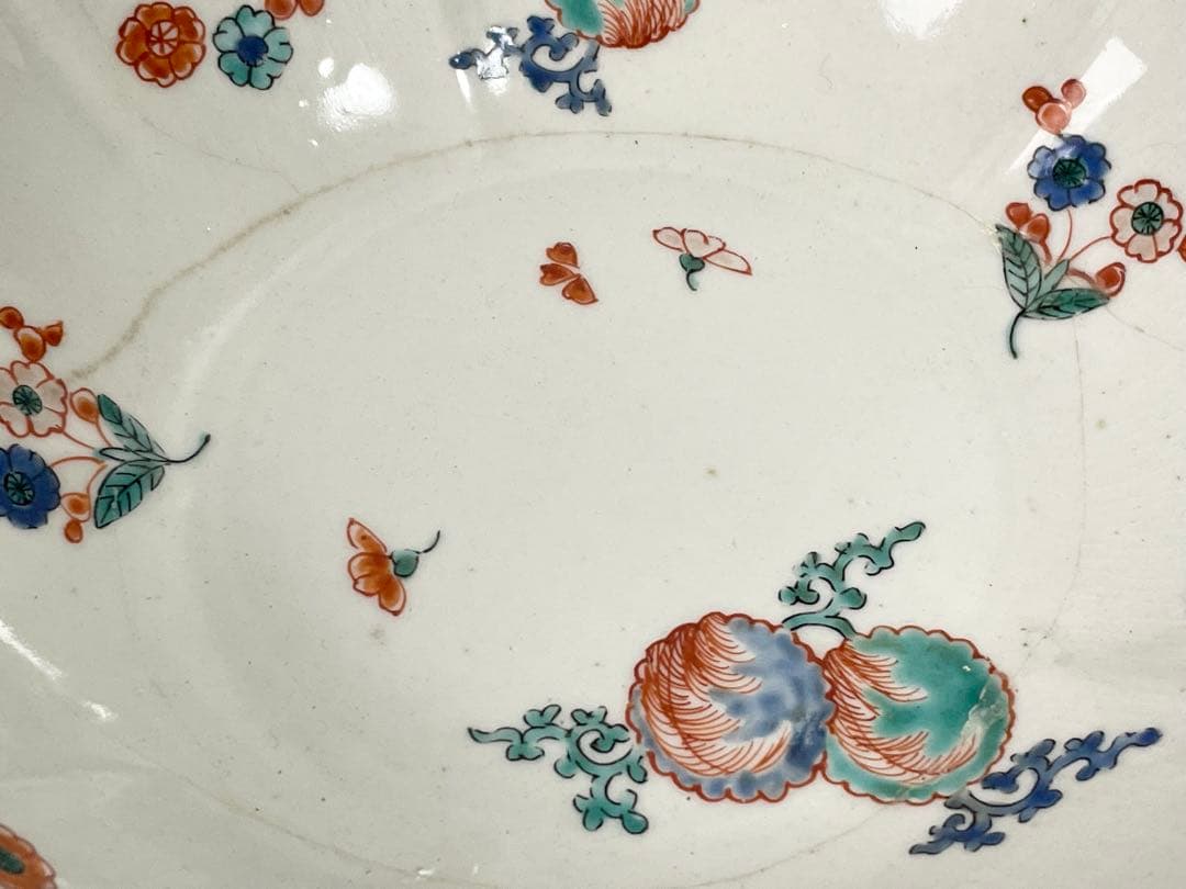 骨董　アンティーク　色絵　柿右衛門　花文様　鞠　輪花縁　鉢　菓子鉢